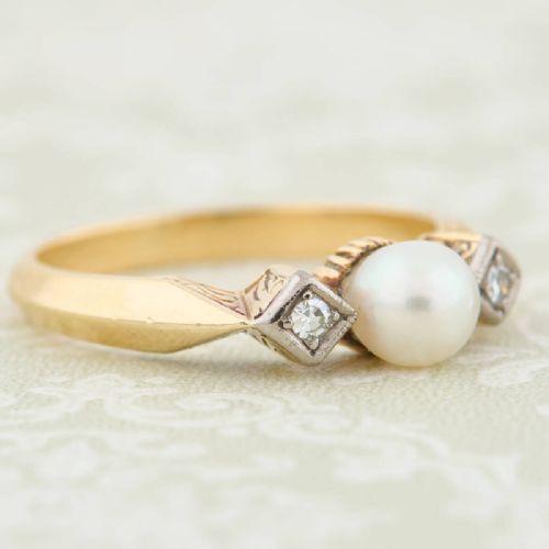 ART DECO 14CT GOLD PEARL DIAMOND 3 STONE RING - ADDITIONAL PHOTO 3