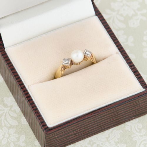 ART DECO 14CT GOLD PEARL DIAMOND 3 STONE RING - ADDITIONAL PHOTO 8