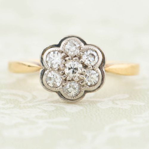 antique 18ct gold diamond daisy cluster ring small size - CATEGORY: ANTIQUE JEWELLERY - DATED 1900