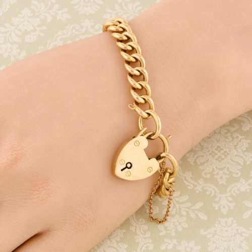 15CT GOLD CURB CHARM BRACELET WITH PADLOCK - ADDITIONAL PHOTO 1
