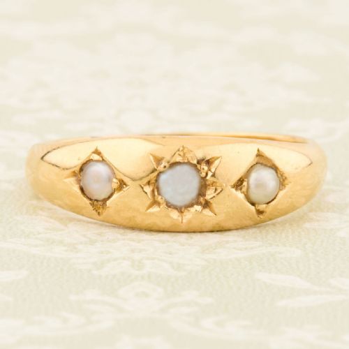 antique 18ct gold 3 stone pearl gypsy ring - CATEGORY: ANTIQUE JEWELLERY - DATED 1910