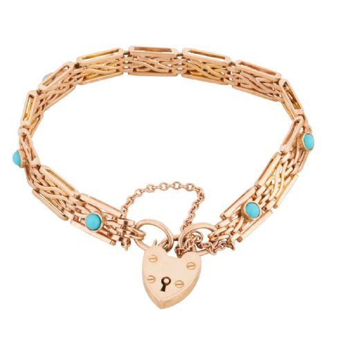 edwardian 9ct rose gold turquoise gate bracelet - CATEGORY: ANTIQUE JEWELLERY - DATED EDWARDIAN
