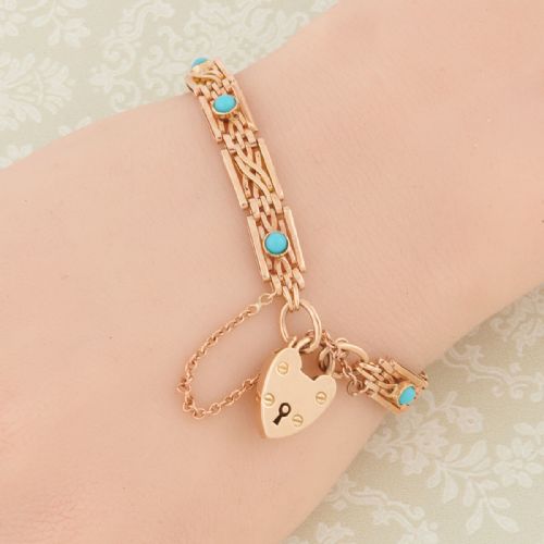EDWARDIAN 9CT ROSE GOLD TURQUOISE GATE BRACELET - ADDITIONAL PHOTO 1
