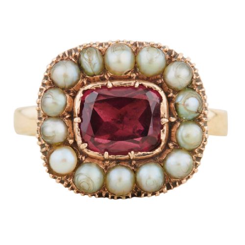 victorian 9ct gold garnet and pearl dress ring - CATEGORY: ANTIQUE JEWELLERY - DATED VICTORIAN