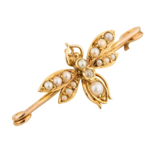 victorian 9ct gold diamond pearl bee brooch - CATEGORY: ANTIQUE JEWELLERY - DATED VICTORIAN