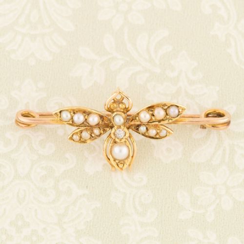 VICTORIAN 9CT GOLD DIAMOND PEARL BEE BROOCH - ADDITIONAL PHOTO 1