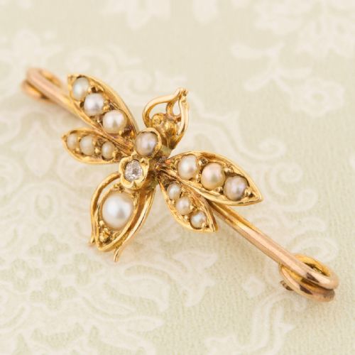 VICTORIAN 9CT GOLD DIAMOND PEARL BEE BROOCH - ADDITIONAL PHOTO 2