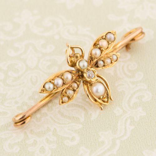 VICTORIAN 9CT GOLD DIAMOND PEARL BEE BROOCH - ADDITIONAL PHOTO 3