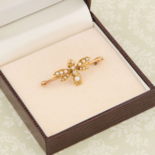 VICTORIAN 9CT GOLD DIAMOND PEARL BEE BROOCH - ADDITIONAL PHOTO 6
