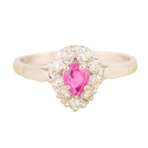 18ct white gold pear ruby diamond cluster ring - CATEGORY: ANTIQUE JEWELLERY - DATED 1960