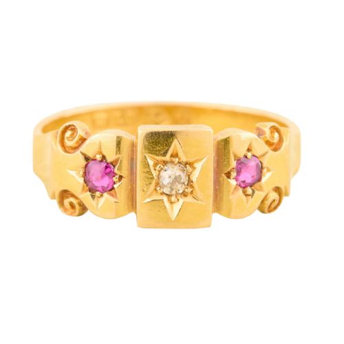 18ct gold ruby diamond gypsy ring - CATEGORY: ANTIQUE JEWELLERY - DATED 1900