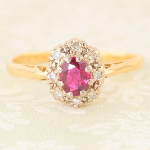 18ct gold ruby diamond cluster ring - CATEGORY: ANTIQUE JEWELLERY - DATED 1960