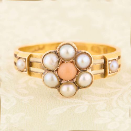 15ct gold coral pearl daisy cluster ring - CATEGORY: ANTIQUE JEWELLERY - DATED 1890