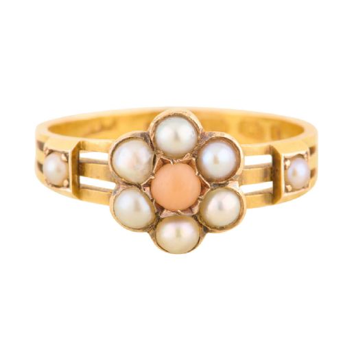 15CT GOLD CORAL PEARL DAISY CLUSTER RING - ADDITIONAL PHOTO 2