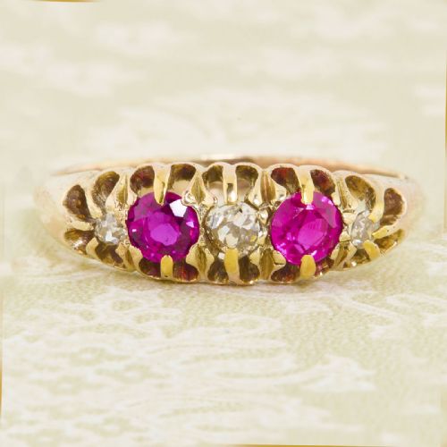 18ct gold ruby diamond 5 stone half hoop ring - CATEGORY: ANTIQUE JEWELLERY - DATED VICTORIAN