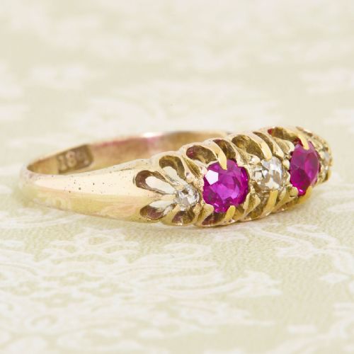 18CT GOLD RUBY DIAMOND 5 STONE HALF HOOP RING - ADDITIONAL PHOTO 2