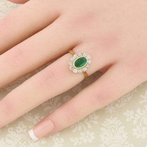 ART DECO 18CT GOLD EMERALD DIAMOND CLUSTER RING - ADDITIONAL PHOTO 1