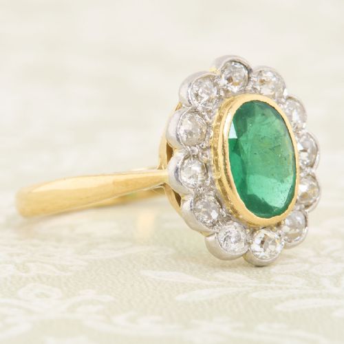 ART DECO 18CT GOLD EMERALD DIAMOND CLUSTER RING - ADDITIONAL PHOTO 2
