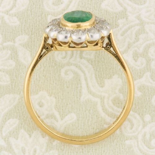ART DECO 18CT GOLD EMERALD DIAMOND CLUSTER RING - ADDITIONAL PHOTO 5