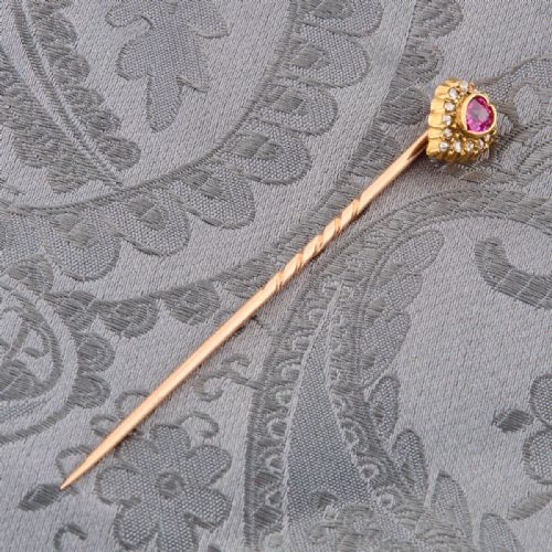 15CT GOLD HEART CUT RUBY AND DIAMOND TIE PIN - ADDITIONAL PHOTO 1
