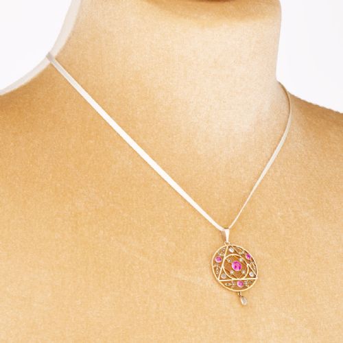 ART NOUVEAU 9CT GOLD SYNTHETIC RUBY AQUAMARINE AND PEARL PENDANT - ADDITIONAL PHOTO 1