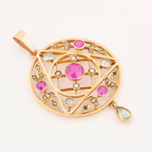 ART NOUVEAU 9CT GOLD SYNTHETIC RUBY AQUAMARINE AND PEARL PENDANT - ADDITIONAL PHOTO 2