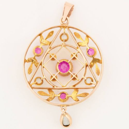 ART NOUVEAU 9CT GOLD SYNTHETIC RUBY AQUAMARINE AND PEARL PENDANT - ADDITIONAL PHOTO 3