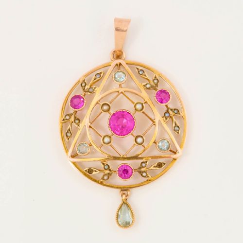 ART NOUVEAU 9CT GOLD SYNTHETIC RUBY AQUAMARINE AND PEARL PENDANT - ADDITIONAL PHOTO 4