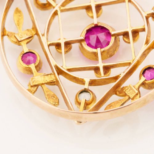 ART NOUVEAU 9CT GOLD SYNTHETIC RUBY AQUAMARINE AND PEARL PENDANT - ADDITIONAL PHOTO 5