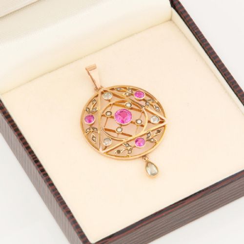 ART NOUVEAU 9CT GOLD SYNTHETIC RUBY AQUAMARINE AND PEARL PENDANT - ADDITIONAL PHOTO 6