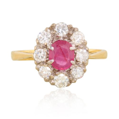 18ct gold ruby diamond cluster ring 1950s - CATEGORY: ANTIQUE JEWELLERY - DATED 1950