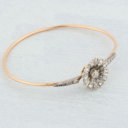 ANTIQUE 15CT GOLD DIAMOND FLOWER BANGLE - ADDITIONAL PHOTO 3