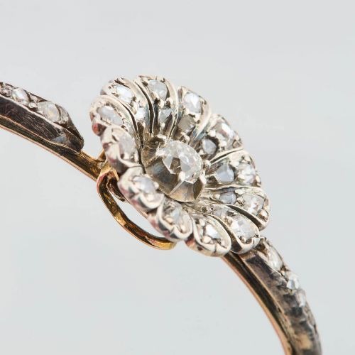 ANTIQUE 15CT GOLD DIAMOND FLOWER BANGLE - ADDITIONAL PHOTO 4