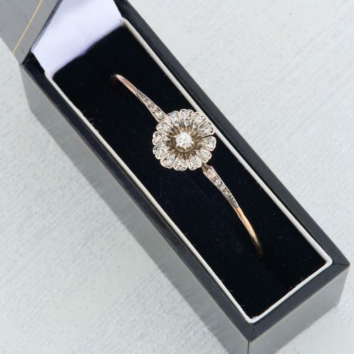 ANTIQUE 15CT GOLD DIAMOND FLOWER BANGLE - ADDITIONAL PHOTO 9