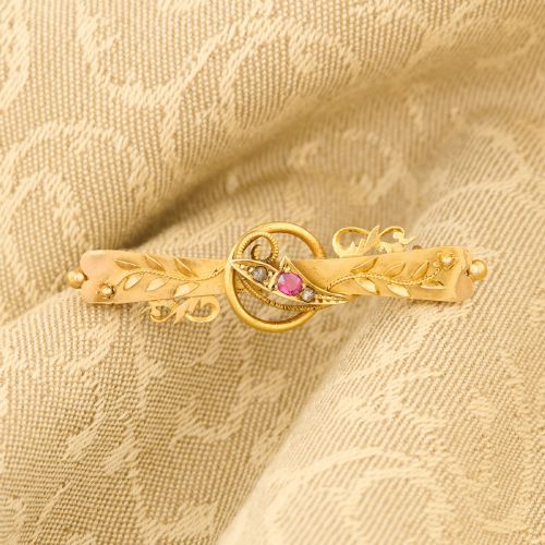 15CT GOLD RUBY DIAMOND FLORAL BAR BROOCH - ADDITIONAL PHOTO 1