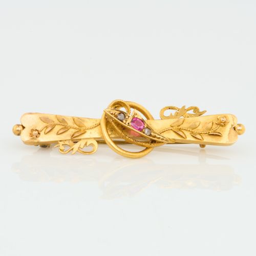 15CT GOLD RUBY DIAMOND FLORAL BAR BROOCH - ADDITIONAL PHOTO 2