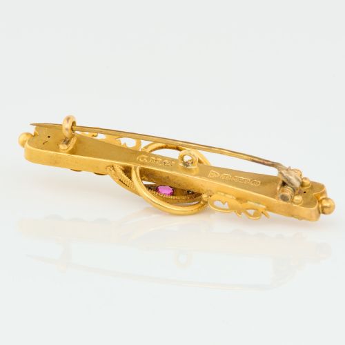 15CT GOLD RUBY DIAMOND FLORAL BAR BROOCH - ADDITIONAL PHOTO 4
