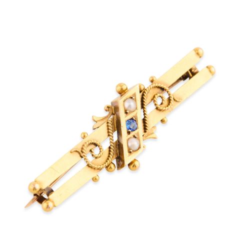 Victorian 15ct Gold Sapphire & Pearl Double Bar Brooch – 1894-1895