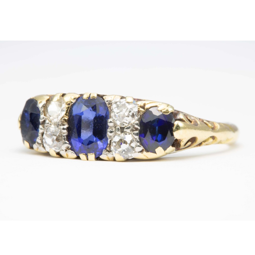 Edwardian 18ct Gold 3 Stone Sapphire and Diamond Ring View II