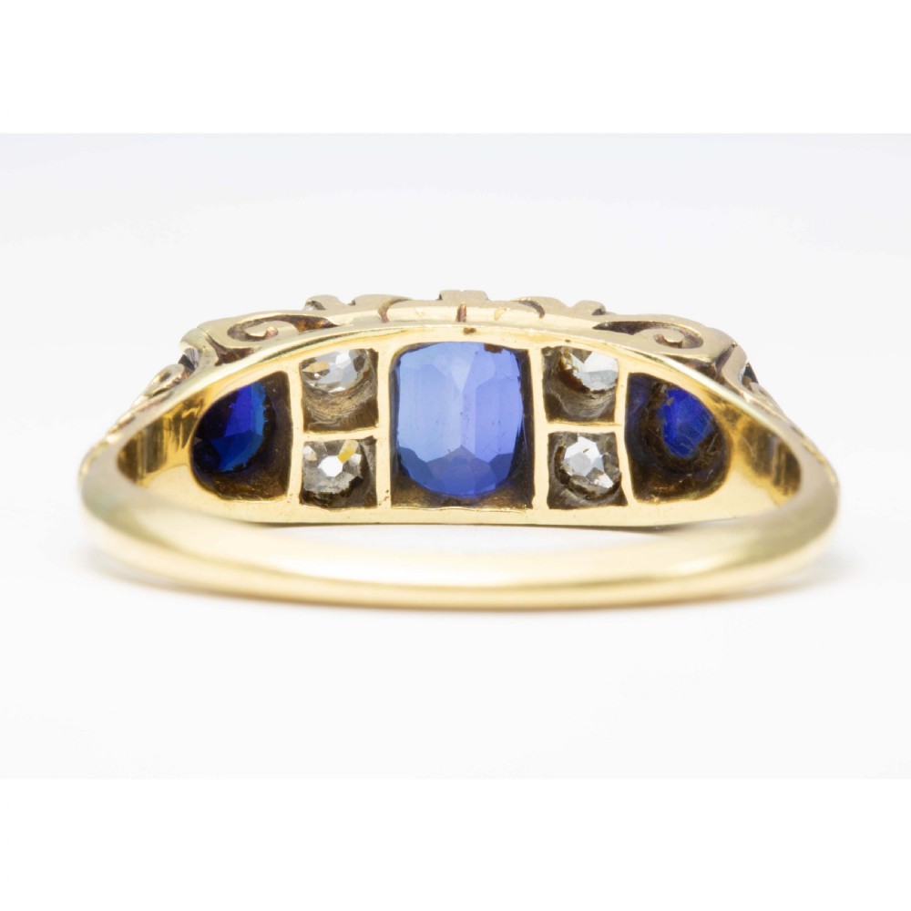 Edwardian 18ct Gold 3 Stone Sapphire and Diamond Ring View V