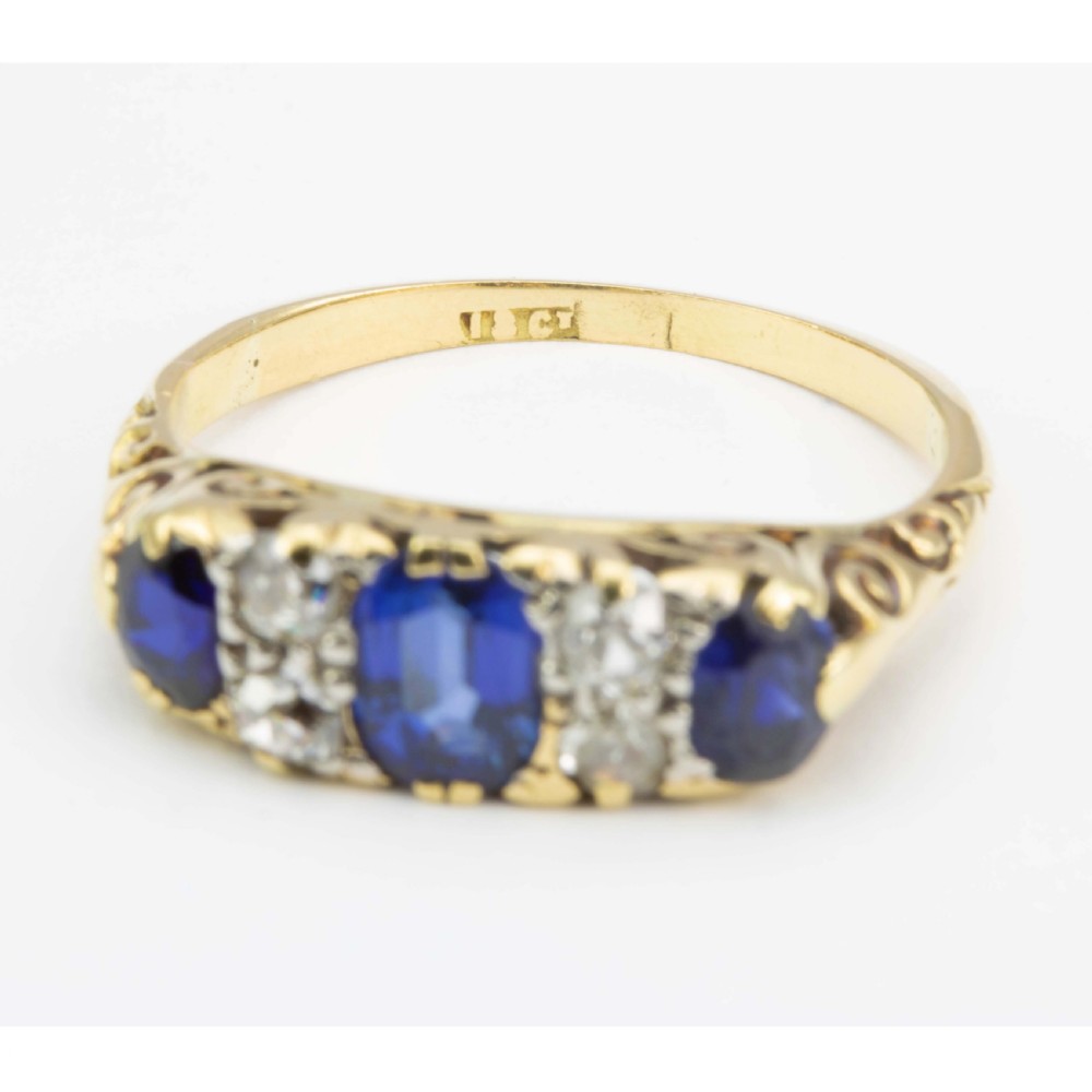 Edwardian 18ct Gold 3 Stone Sapphire and Diamond Ring View VI