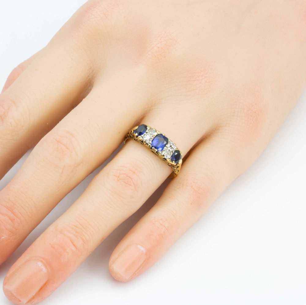Edwardian 18ct Gold 3 Stone Sapphire and Diamond Ring View VII