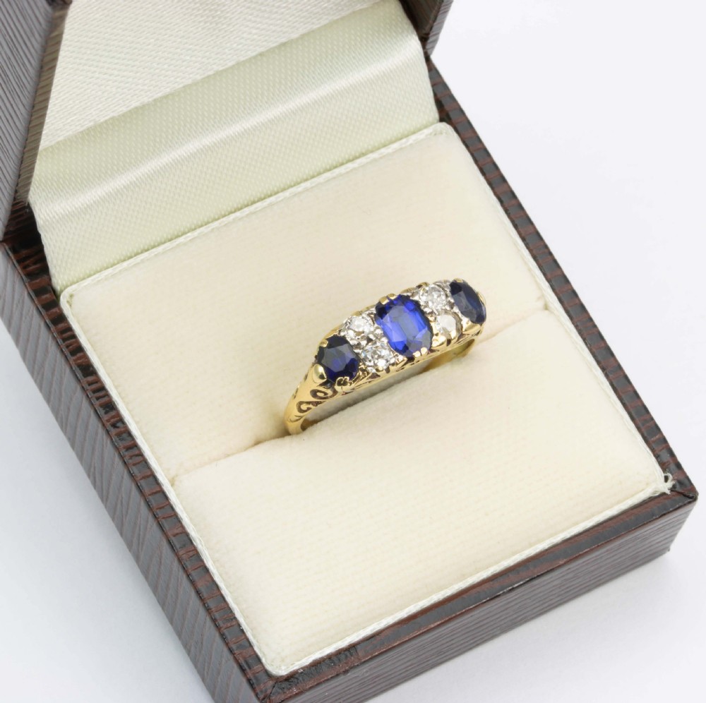 Edwardian 18ct Gold 3 Stone Sapphire and Diamond Ring View VIII