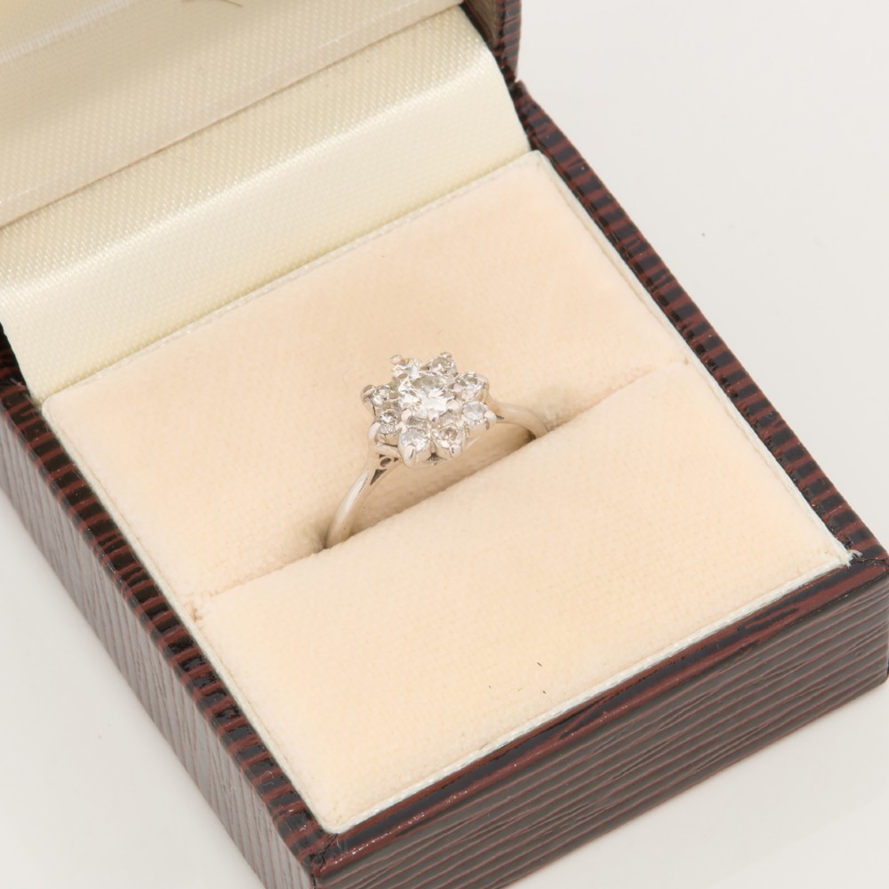 An 18ct white gold ring featuring a central round diamond encircled by eight smaller diamonds in a daisy cluster design. View VIII