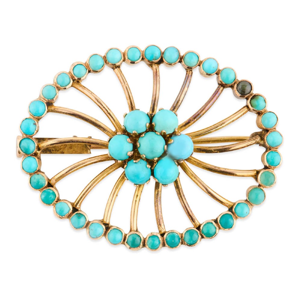 An oval openwork 14ct yellow gold brooch featuring a central floral turquoise cluster, radiating spokes, and a perimeter border set with round turquoise cabochons.