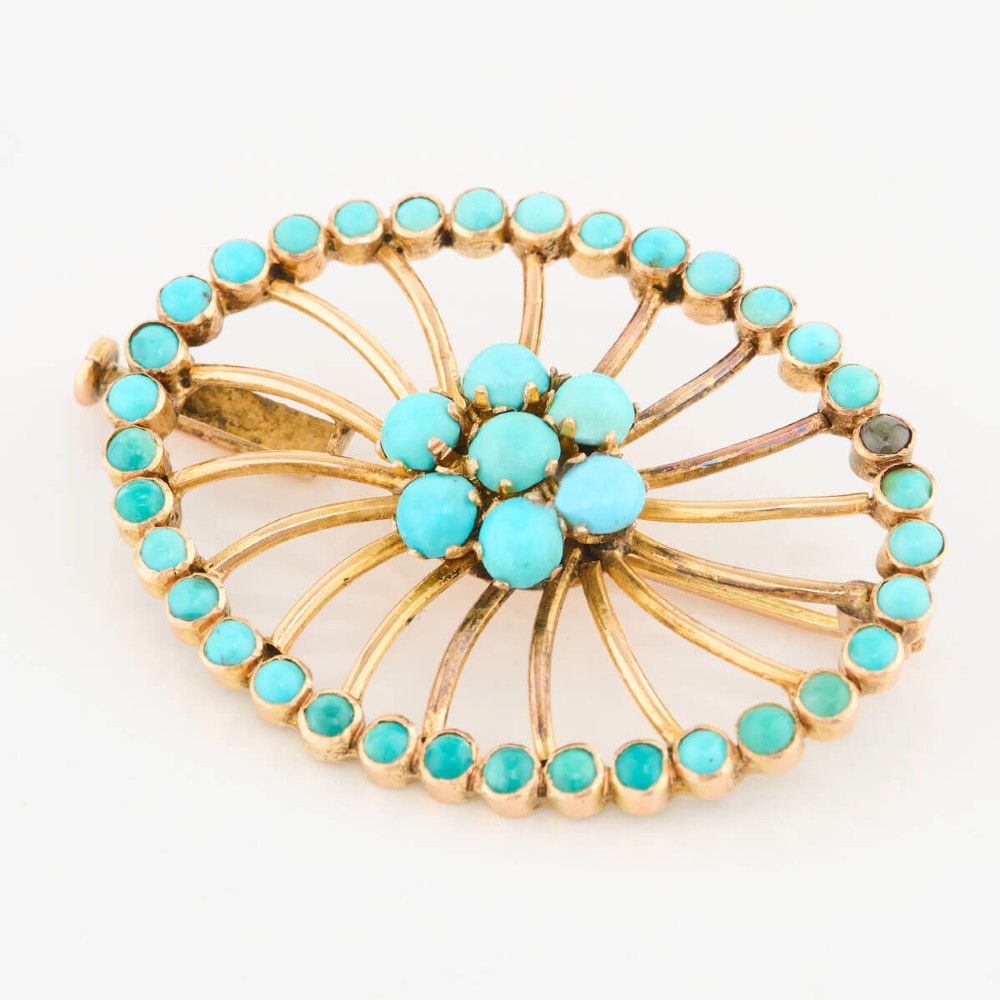 An oval openwork 14ct yellow gold brooch featuring a central floral turquoise cluster, radiating spokes, and a perimeter border set with round turquoise cabochons. View III