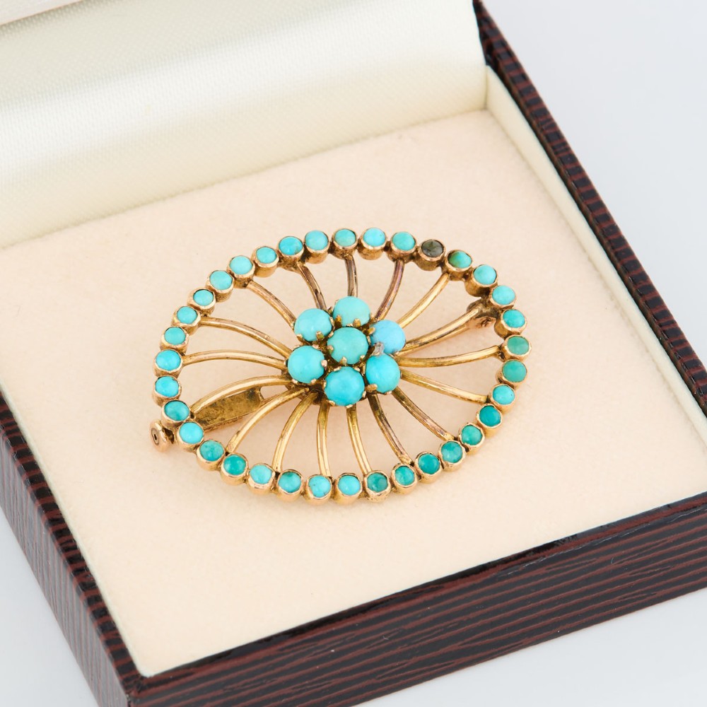 An oval openwork 14ct yellow gold brooch featuring a central floral turquoise cluster, radiating spokes, and a perimeter border set with round turquoise cabochons. View VIII