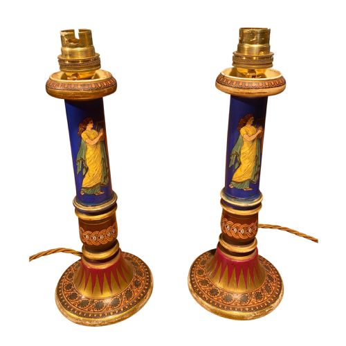 pair of 19th century beautifully decorated porcelain table or bedside lamps - CATEGORY: ANTIQUE LIGHTING - DATED 19TH CENTURY