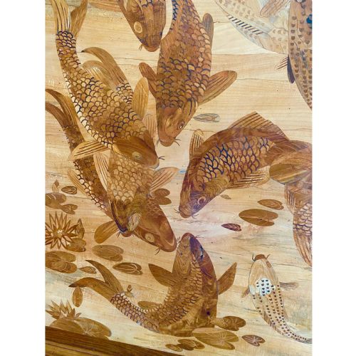 EXCEPTIONAL LARGE ANTIQUE SOUTHERN INDIAN MARQUETRY PANEL C 1900 KOI CARP - ADDITIONAL PHOTO 2