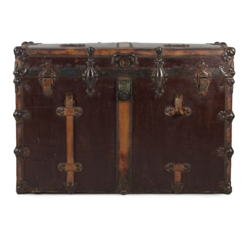 High Quality Antique French Leather & Metal Bound Trunk C. 1900